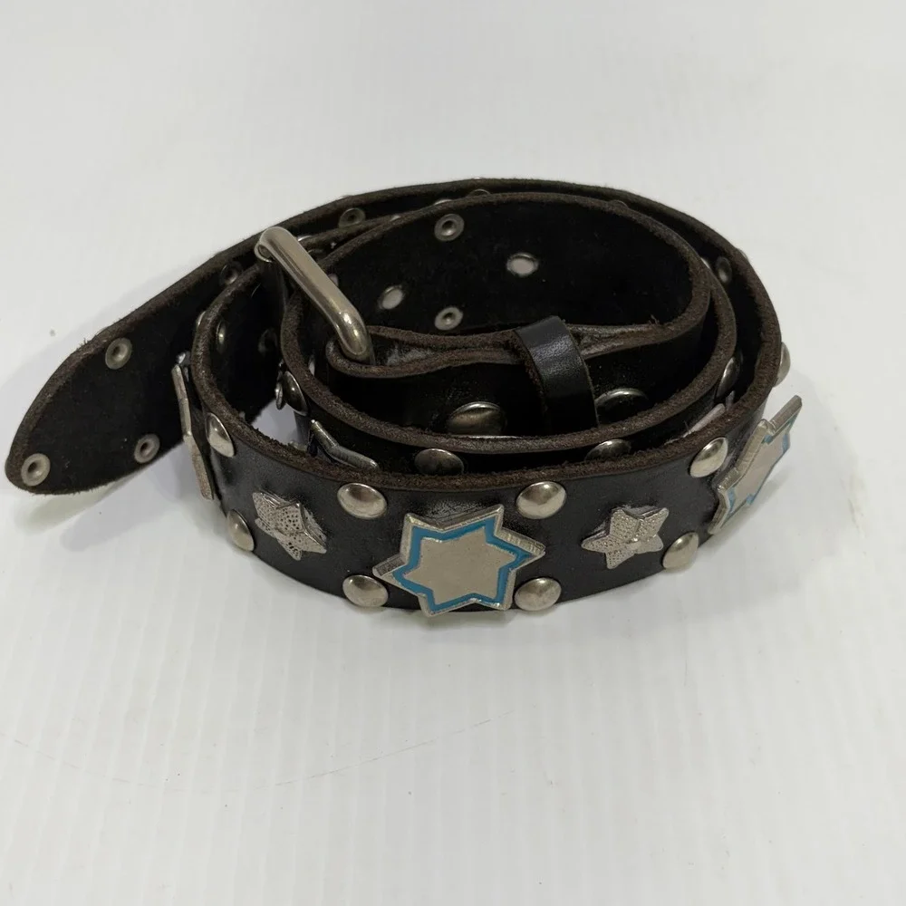 VTG Nomad  Y2K Black Leather Studded Star Belt Silver Enamel Punk Rock Grunge 85